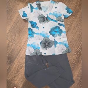 Floral Scrub Top and Gray Pants Set